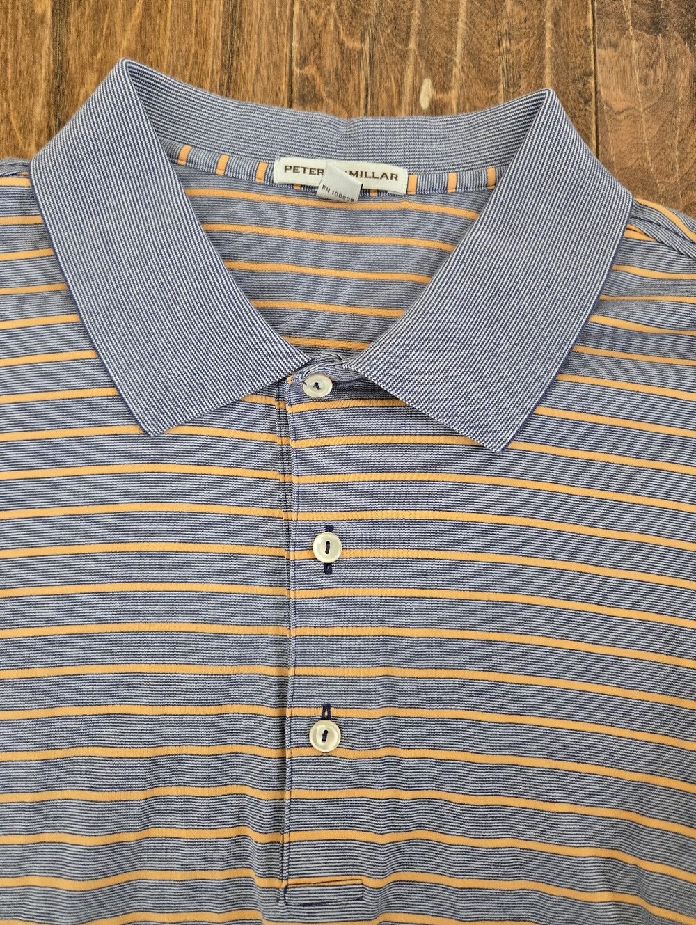 Peter Millar Men's Light Blue Polo with Orange Stripes, Size XL